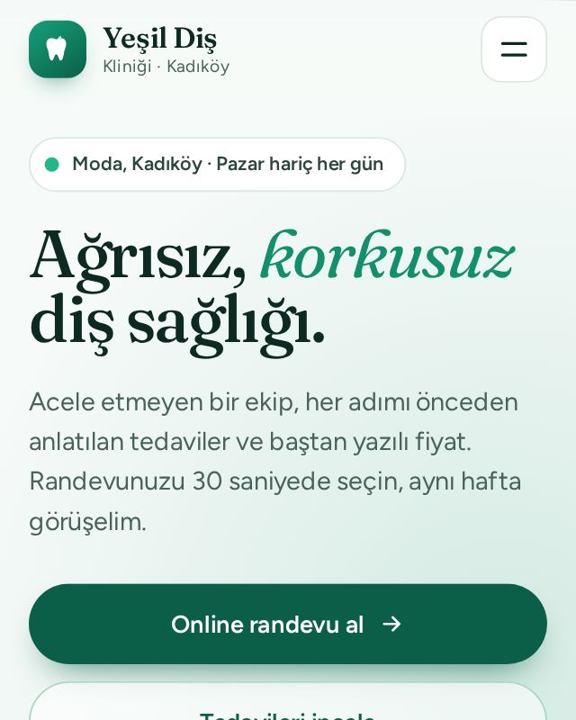 Yeşil Diş Kliniği örnek sitesinin telefon görünümü